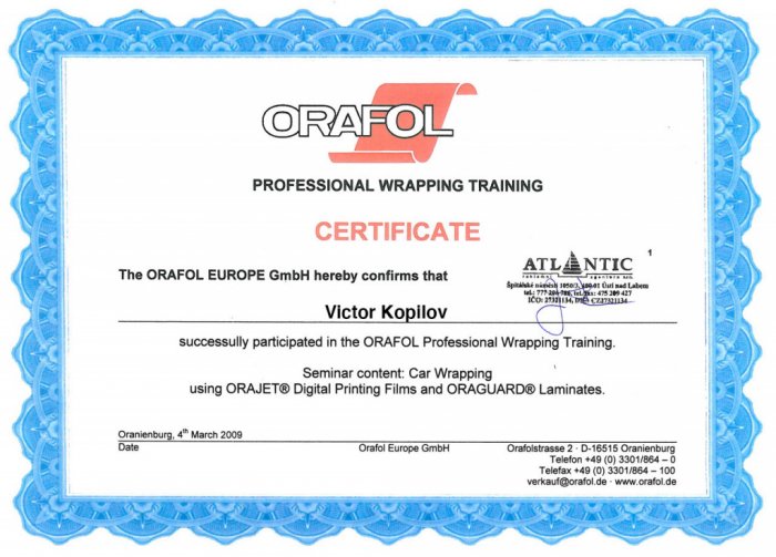 Сертификат обучения сотрудника от Орафол